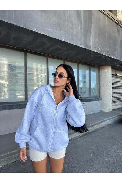 DUAS & CO Unisex Oversize Rahat Kesim Pamuklu İçi Polarlı Çift Cepli Fermuarl...