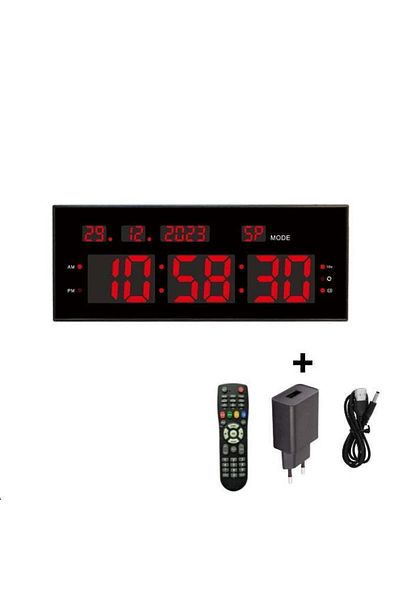 VTM Ceas Digital cu LED Rosu, Cronometru, Calendar, Alarmă, Timer, 32x12cm, Luminozitate Ajustabilă