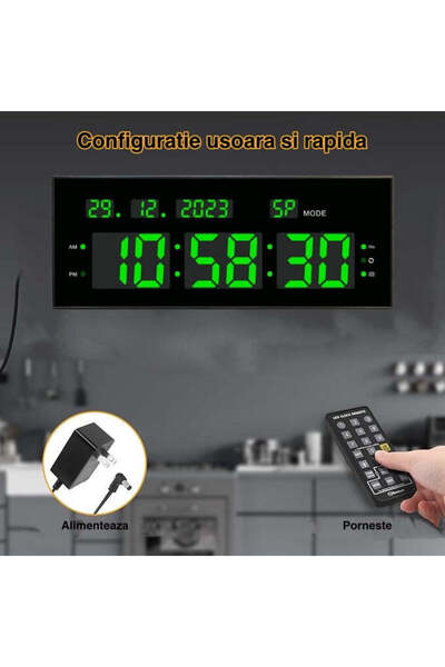 VTM Ceas Digital Verde cu Cronometru, Calendar, Timer, Alarmă, Luminozitate Ajustabilă, 32x12cm