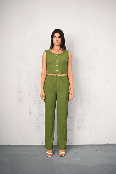 winmoda Women's Seersucker Suit with Vest - Vest and Pants - Summer Suit