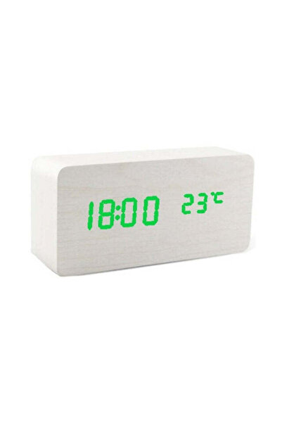 VTM White Digital Clock with Green LED, Thermometer, Alarm, Voice Control, 3 Brightness Levels, 15x7x4 cm