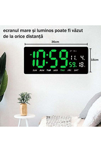 VTM Digital Table and Wall Clock, Green LED, Calendar, Temperature, Alarm, Snooze, 36x16cm