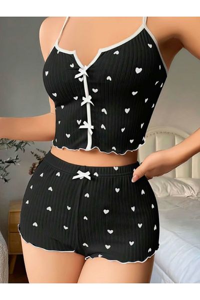 BALDOMERO Women's Heart Patterned Strap Shorts Nightgown Pajama Set