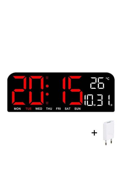 VTM Ceas Digital de Masa si Perete cu LED Rosu, Calendar, Cronometru, Alarma, Snooze, 24x9cm