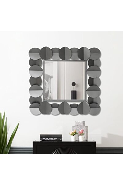 Vanity Living Wall Mirror with Small Circled Pattern, Square Design - Gun Metal Finish, Decorative A