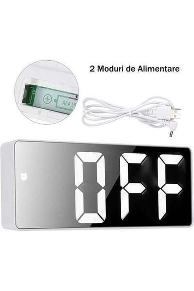 VTM White Digital Clock with Red LED, Temperature, Alarm, Voice Control, 2 Brightness Levels