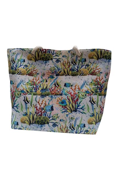 fancykidsantalya Women's Beach Bag with Zipper, Lined Pocket, Aquarium Pattern, Soft Rope Handle