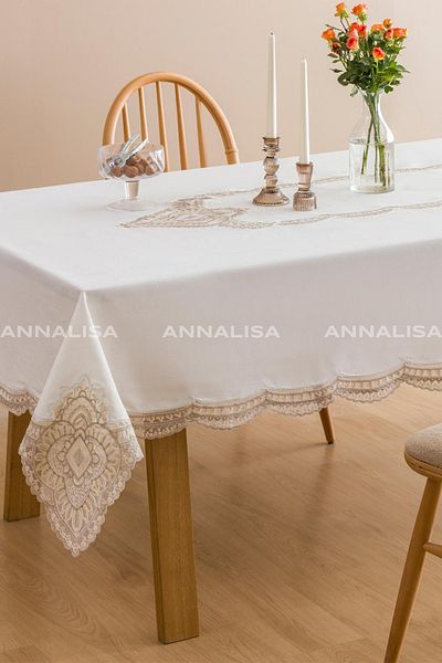 Annalisa Olivya Linen French Lace Tablecloth Cream Brown