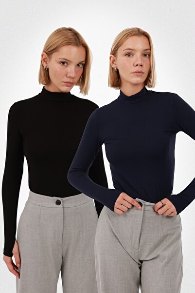 Yade Fashion Kadın Parmak Detaylı Body 2’li Set – Siyah Lacivert