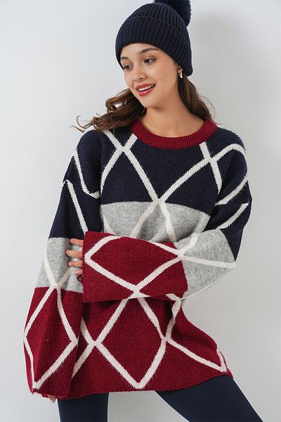 Bigdart Women's Diamond Patterned Oversize Long Sweater 15931 - Claret Red