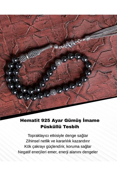 Saff Doğal Taş Certified Hematite 925 Sterling Silver Imameli Tassel Prayer Beads