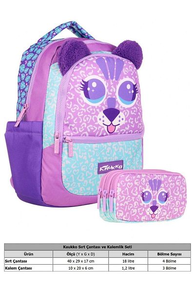 KAUKKO School Bag and Three Compartment Pen Holder Set - Purple - Cute Lion Shape