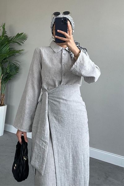 My Blog Gray Tie Detail Skirt Suit - 98662