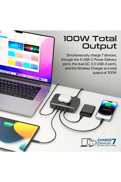 Promate GaNFast™ 100W Power Delivery Charging Station with 15W Wireless Charger