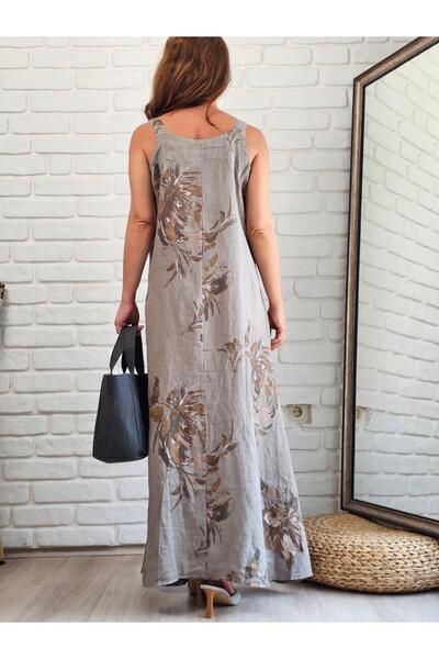 Felix Butik FELİX13933 Çiçek Desenli İthal Keten Vizon Salopet Elbise