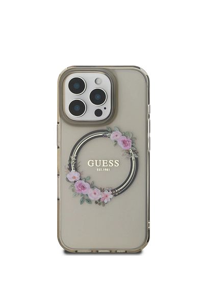 Guess MagSafe IML Hard Case with Flower Wreath Design for iPhone 16 Pro Max – Black