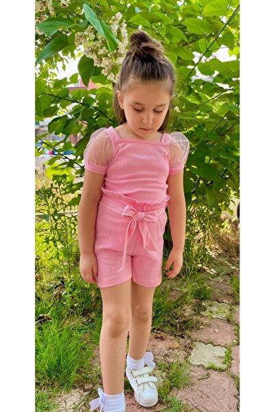 JELİBOOM Girls Pink Shorts Blouse with Tulle Sleeves Bottom Top Set
