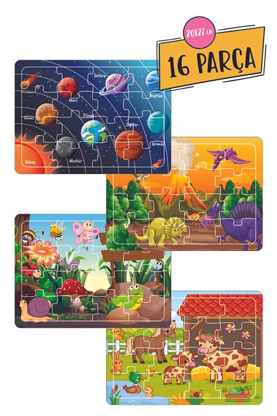 Leelii Tasarım Cute Animals, Dinosaurs, Planets, Farm 16 Piece Wooden Puzzle Set of 4