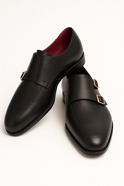 Deriderim Genuine Leather Double Buckle Classic Black Men's Shoes