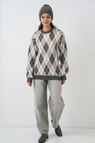 Bigdart Women's Diamond Patterned Knitwear Sweater 15929 - Gray