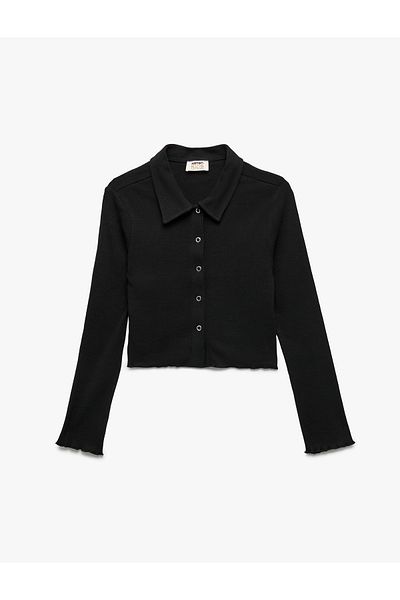 Koton Cotton Long Sleeve Shirt Collar Crop T-Shirt