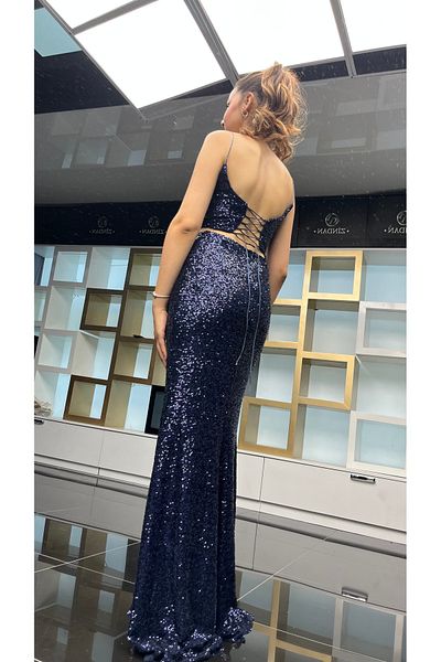 my podium Long Slit Back Tie-Up Sequin Evening Dress