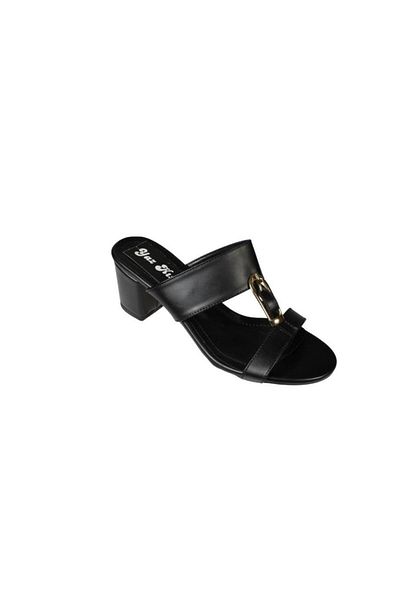 Yaz Kış Ayakkabı Yazkiş Women's Black and White Skin Ant with Gold Belt Buckle 5cm Thick Sole Slippers