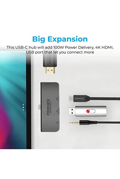 Promate موزع وسائط متعددة USB-C 4 في 1