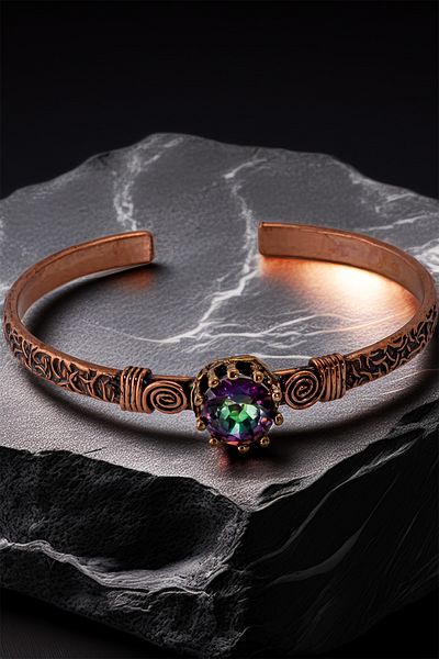OSMANLI GÜMÜŞ Women's Copper Bracelet - Mystic Topaz Model 2 Tree Bark Model Thin Metal Box Quartz Stone Bracelet
