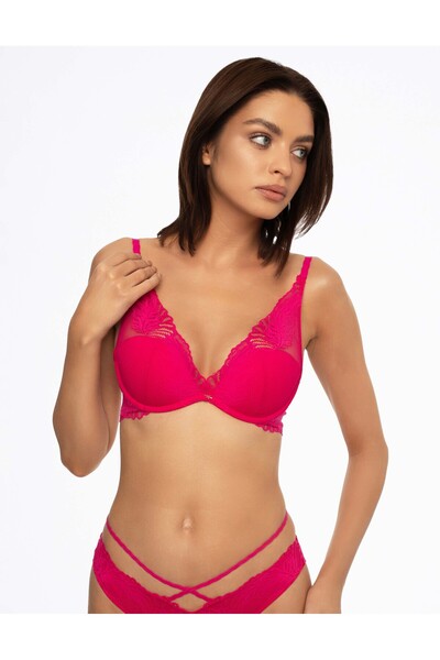 ESOTIQ Sutien push-up cu armătură, dantelă florală delicată și pandantiv auri...