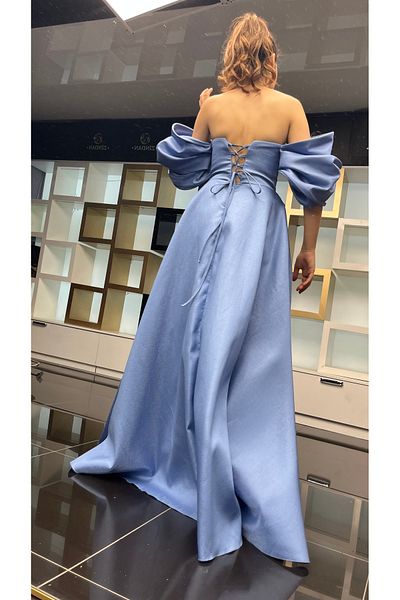 my podium Blue Long Balloon Sleeve Evening Dress