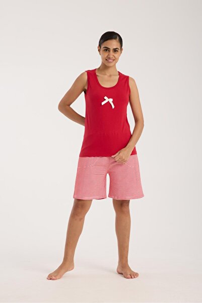 Akbeniz Set de pijamale pentru femei cu panglică roșie și pantaloni scurți cu dungi