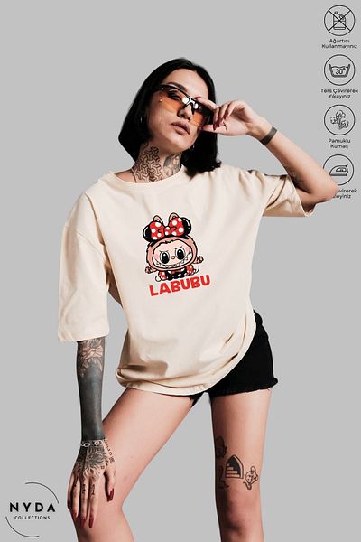 Nyda Collections Unisex Crew Neck Labubu Bow Printed Cotton Oversize Short Sleeve T-Shirt