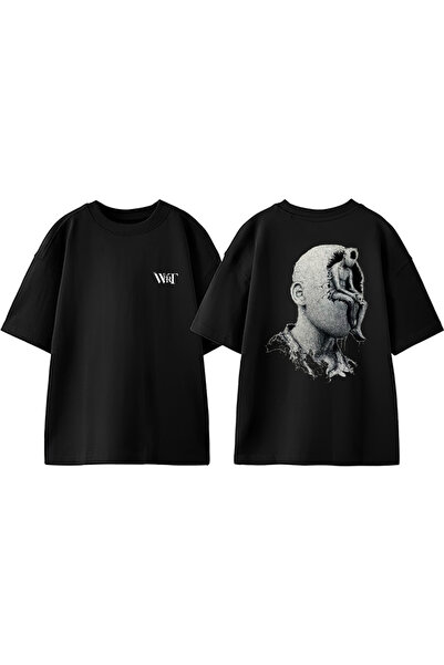 THEWERT Ideas Design Tricou oversize negru din bumbac imprimat pe spate