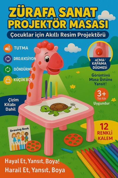 electroawm 12 Renkli Kalemli Çocuk Sanat Masası – Projektör Destekli