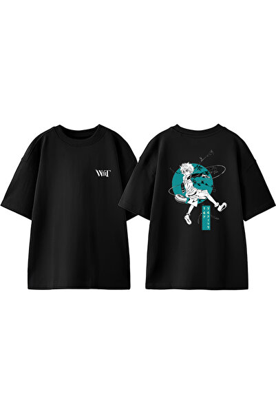 THEWERT Tricou oversize negru din bumbac cu imprimeu pe spate Killua Zoldyck ...