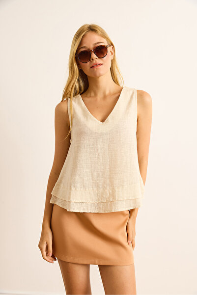 Olalook Women's Beige V-Neck Linen Look Flam Bell Blouse Blz-19003060