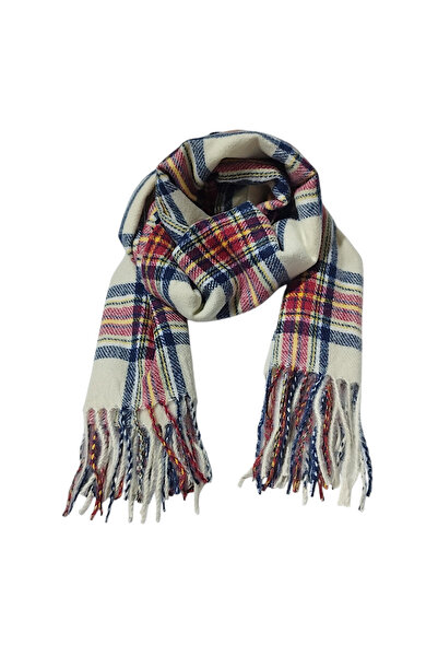 Cesicey Ekru Lacivert Kırmızı Ekoseli Kışlık Yumoş Şal (70*180)