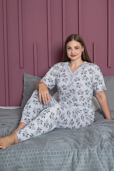 Fulla Moda Leaf Pattern Plus Size V Neck Pajama Set