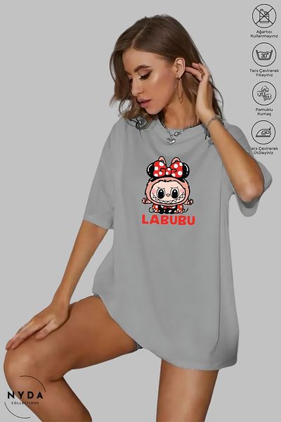 Nyda Collections Unisex Crew Neck Labubu Bow Printed Cotton Oversize Short Sleeve T-Shirt