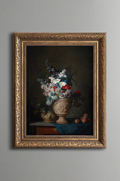 epiqart Flower Bouquet in Peach and Grape Terracotta Vase - Vintage Patterned Frame