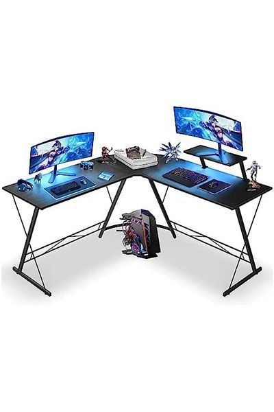 SKY TOUCH Sky-Touch L Shaped Gaming Desk with Round Corners and Shelf, Black