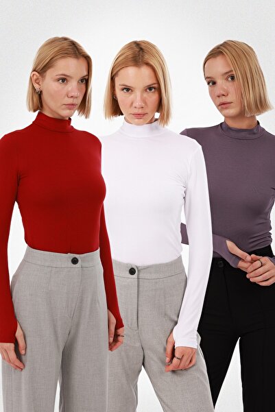 Yade Fashion Kadın Parmak Detaylı Body 3’lü Set – Beyaz Mor Kırmızı