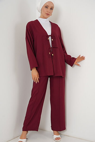 Merterium Γυναικείο Λινό Κιμονό Σετ δύο τεμαχίων Claret Red 1003