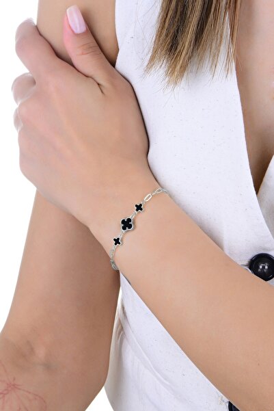 Söğütlü Silver Gümüş rodyumlu onix taşlı ataç zincir detaylı çift zincirli yo...