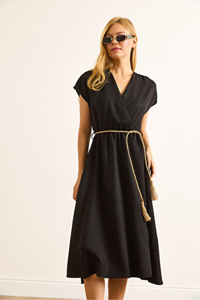 Olalook Women's Black Straw Lace Bat Waist Elastic Dress Elb-19002486