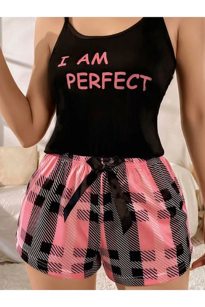 BALDOMERO Women's Black Square Patterned Strap Shorts Pajama Set