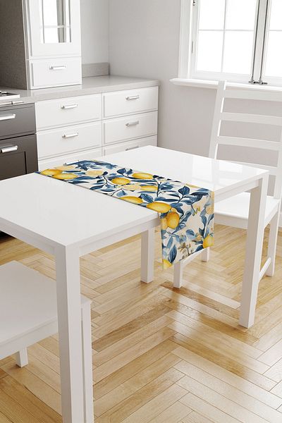 ASDİVA Solim White Background Blue Branch with Lemon Flower and Lemon Pattern Runner - Blue/White/Yellow 40X140 cm