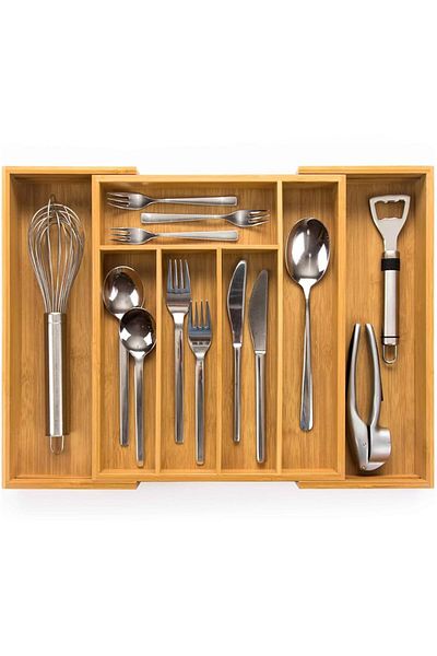 MİS KİTCHEN Bamboo Spoon Organizer Inside Drawer 7 Compartment Organizer Adjustable Size