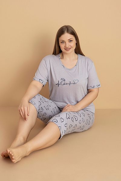 Fulla Moda Heart Patterned Large Size Capri Pajama Set